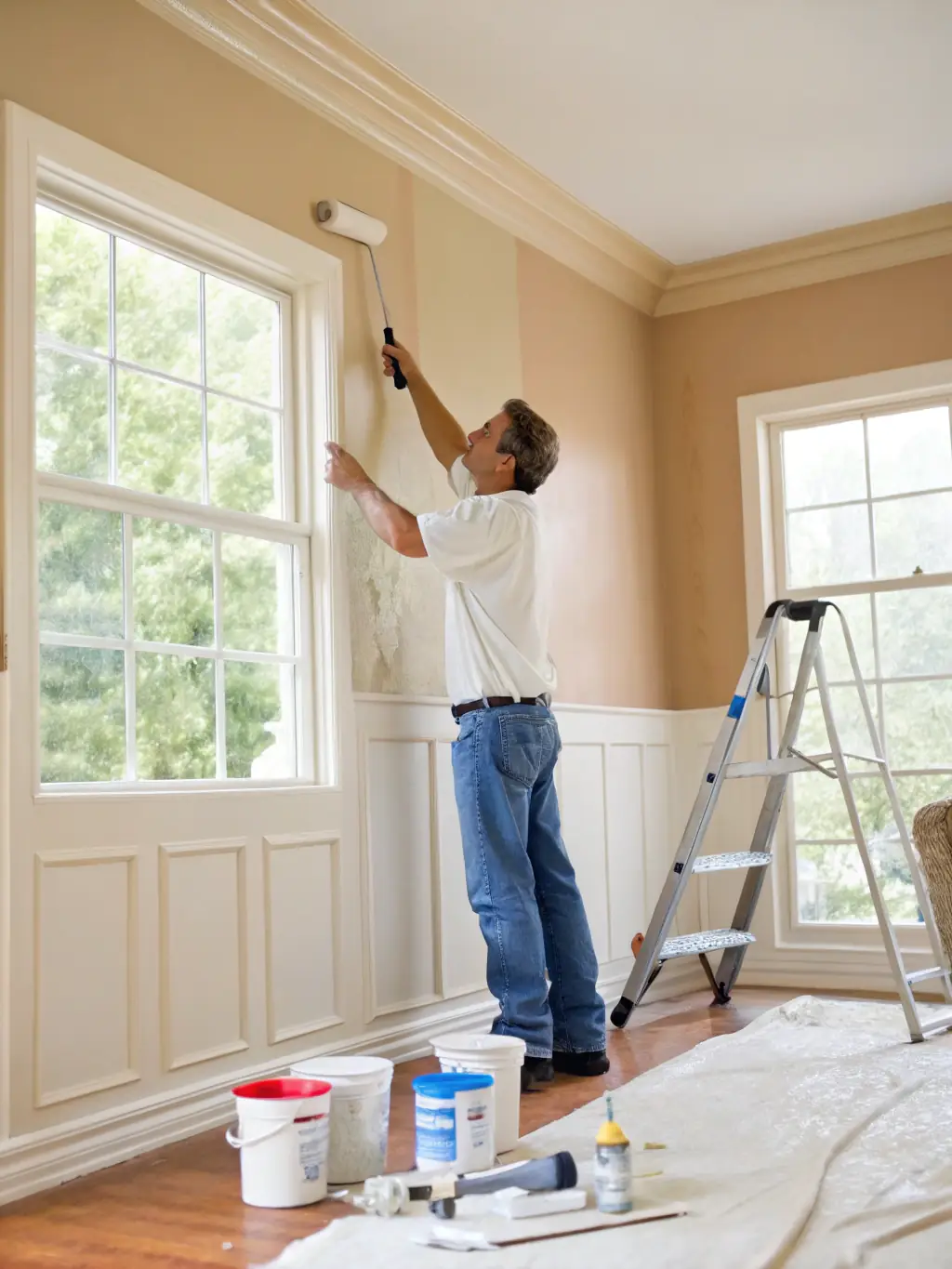 A professional painter easily applies Fyqon's Aura finish to a large interior wall using a standard roller, demonstrating its smooth and even coverage.